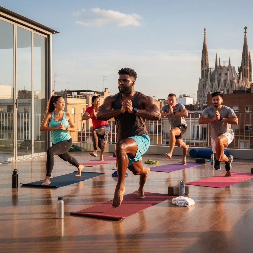 Una mujer practicando una posición de equilibrio en una colchoneta de yoga al aire libre.