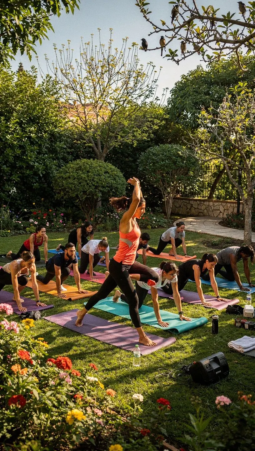 Grupo de personas realizando intervalos de alta intensidad, alternando entre yoga y ejercicios cardiovasculares.