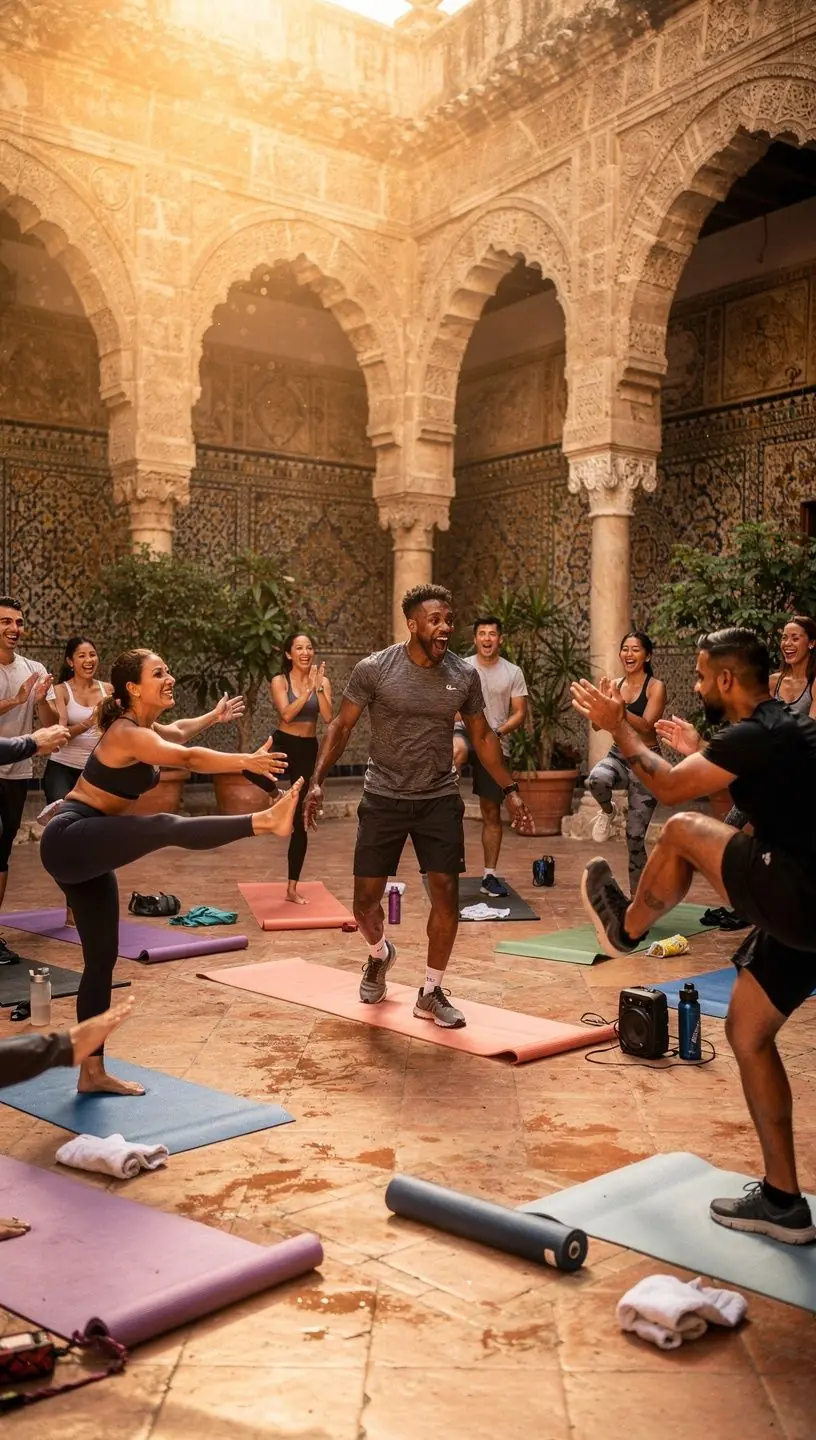 Entrenador guiando una sesión de Yoga HIIT en un estudio luminoso, con energía vibrante y motivadora.