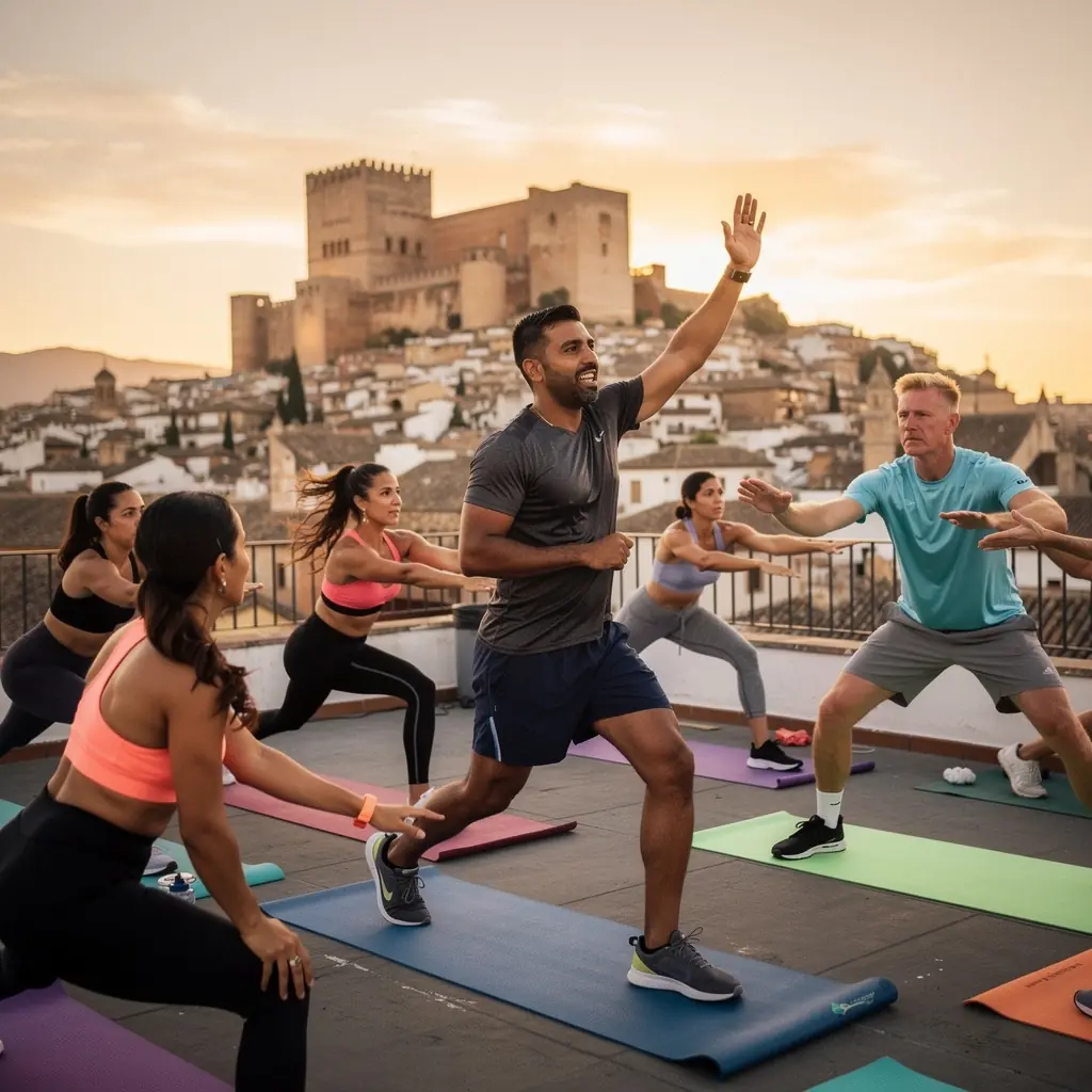 Grupo de personas realizando intervalos de alta intensidad, alternando entre yoga y ejercicios cardiovasculares.
