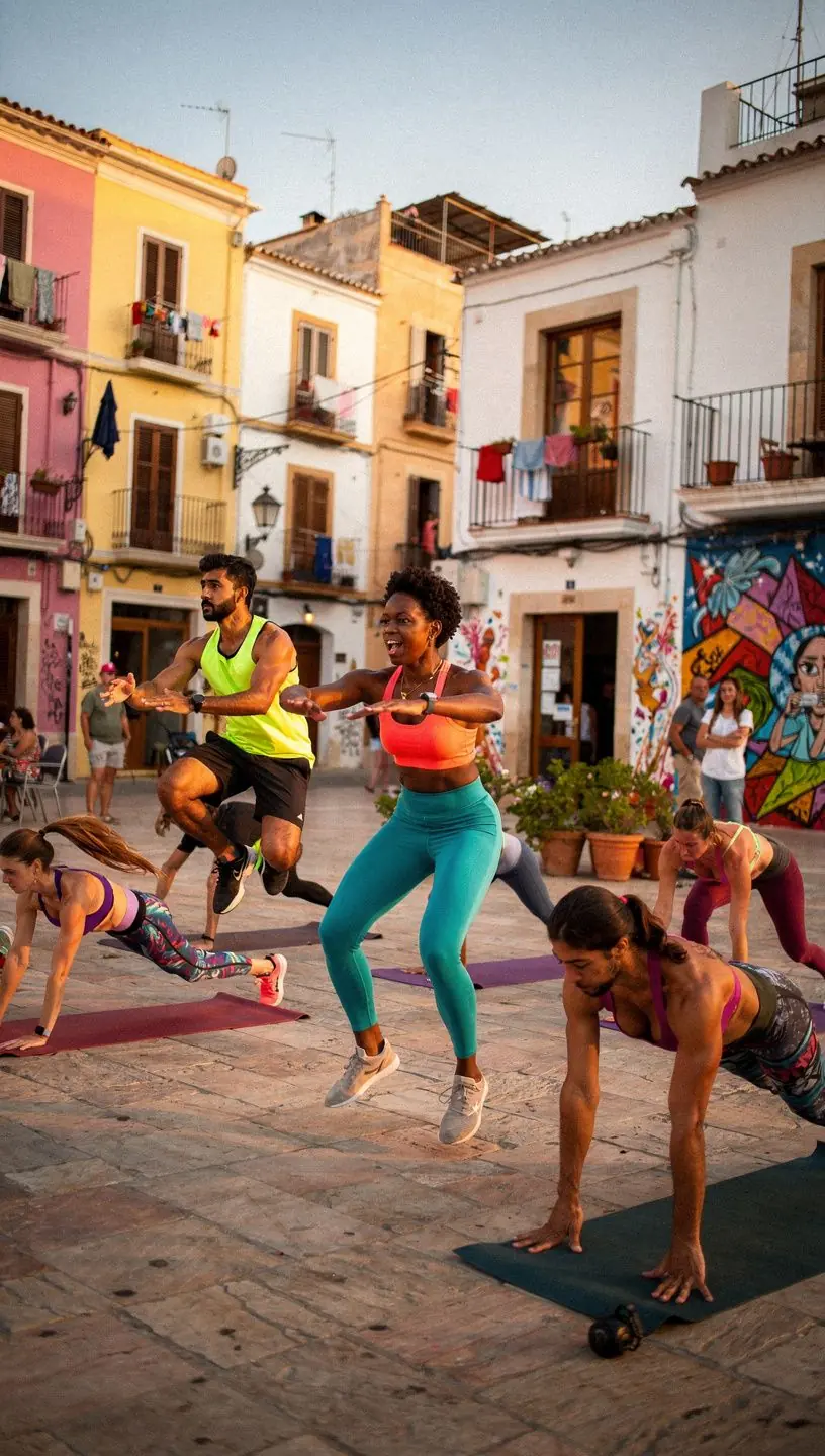 Grupo de personas realizando intervalos de alta intensidad, alternando entre yoga y ejercicios cardiovasculares.