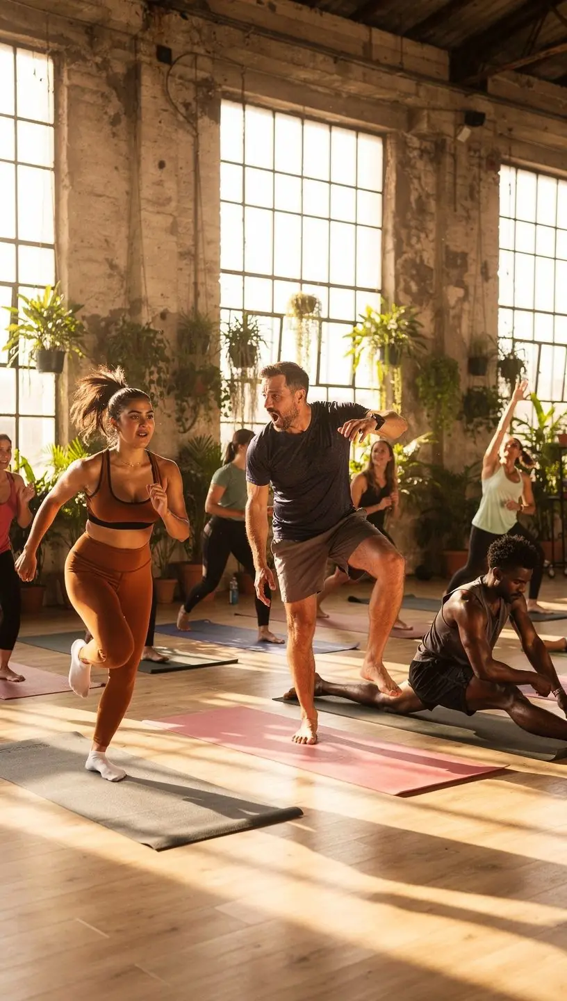 Grupo de personas realizando intervalos de alta intensidad, alternando entre yoga y ejercicios cardiovasculares.