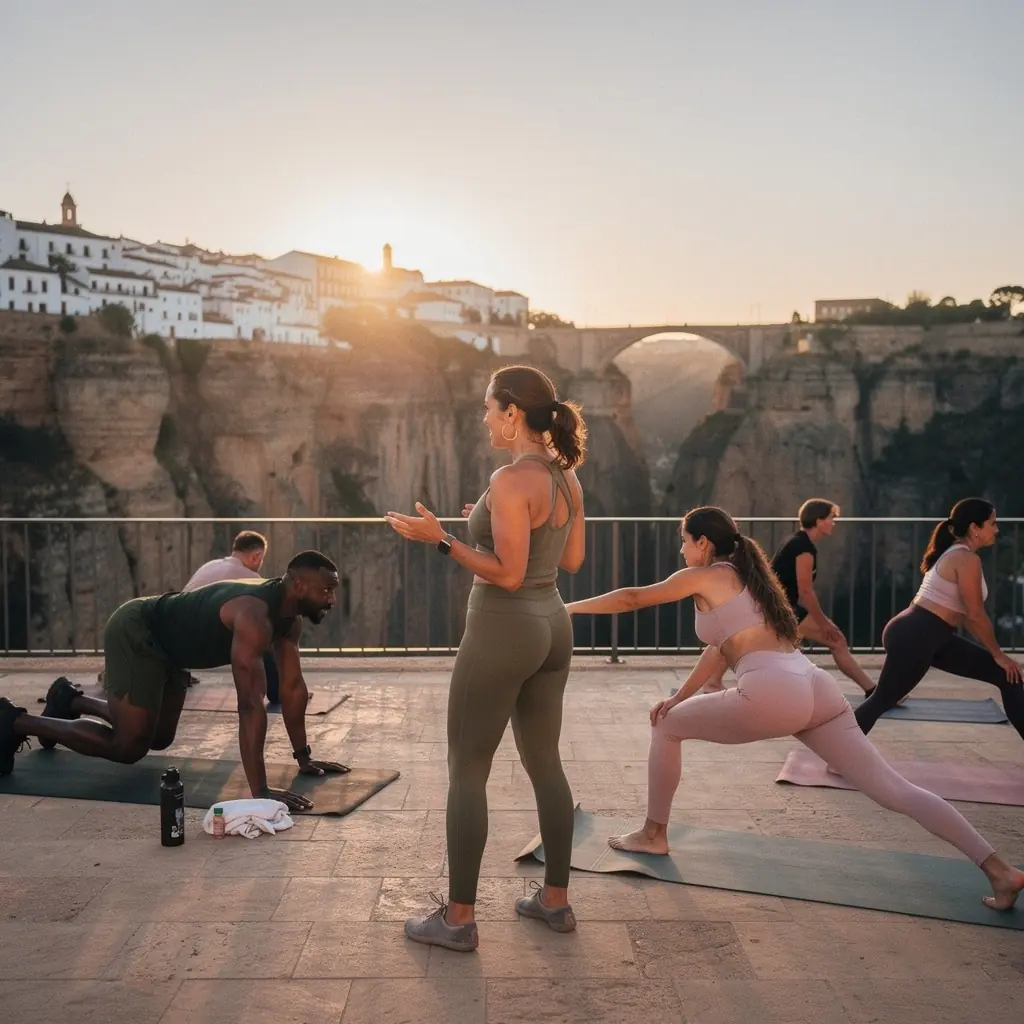 Grupo de personas realizando intervalos de alta intensidad, alternando entre yoga y ejercicios cardiovasculares.