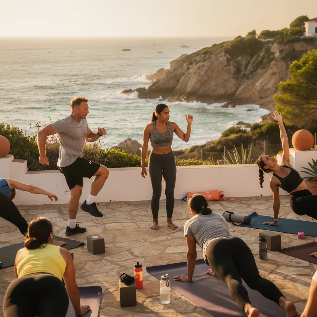 Una persona practicando una postura de yoga en un entorno natural, combinando técnicas de respiración.