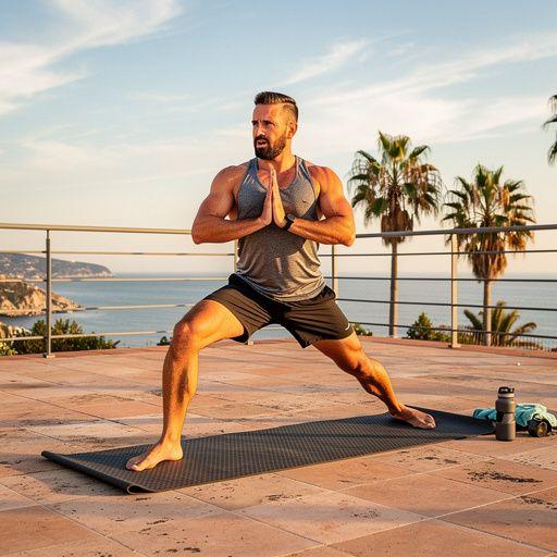 Un entrenador guiando a un grupo en una clase de yoga HIIT en un estudio luminoso.